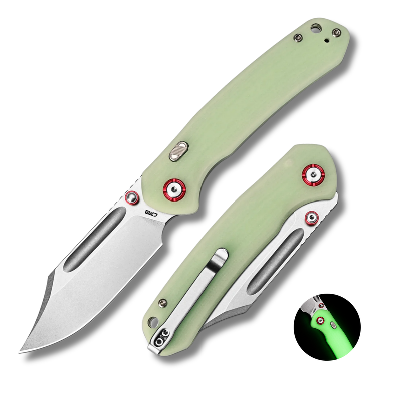 CJRB Bowie Pyrite Thumb Stud & Top Liner Lock Folding Knife G10(Glow In the Dark) Handle (3.35'' AR-RPM9 Steel Stone Wash Blade) J1942X-GD