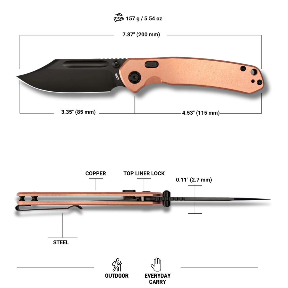 CJRB Bowie Pyrite Thumb Stud & Top Liner Lock Folding Knife Copper Handle (3.35'' 14C28N Steel Black PVD Coating Blade) J1942X-BCO (Exclusive)