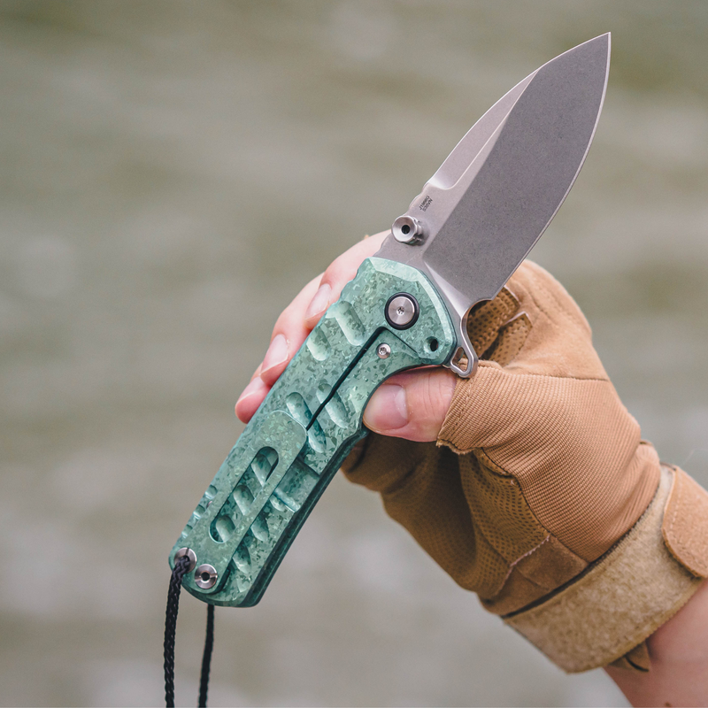 CJRB Tundra Flipper &Thumb Stud & Locking Pin & Frame Lock Tatical Knife Crystal Titanium Handle (3.78'' Stone Wash CPM S35VN Blade) J1966G-CGN (Limited Edition)