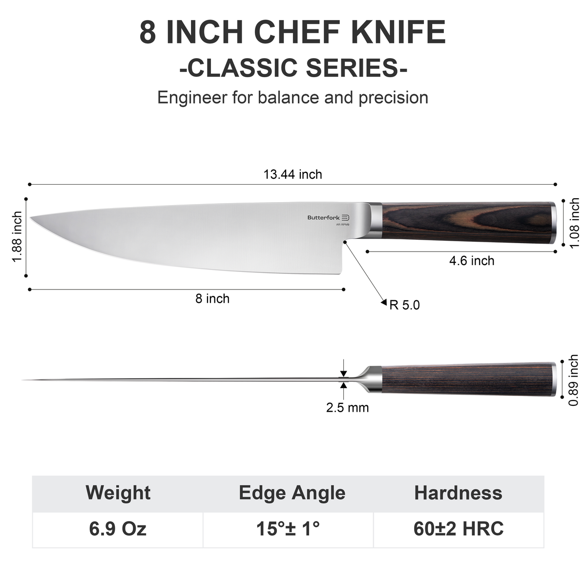 Artisan Cutlery Butterfork Classic 8" Chef's Knife - Product view 2