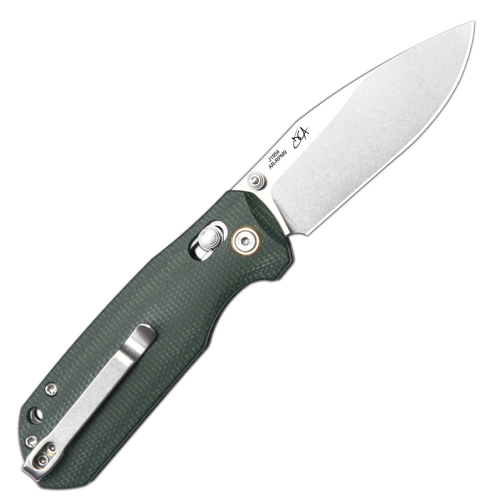 CJRB Maximal Crossbar Lock Knife Green Micarta Handle (2.95'' Stone Wash AR-RPM9 Blade) J1954-MGN