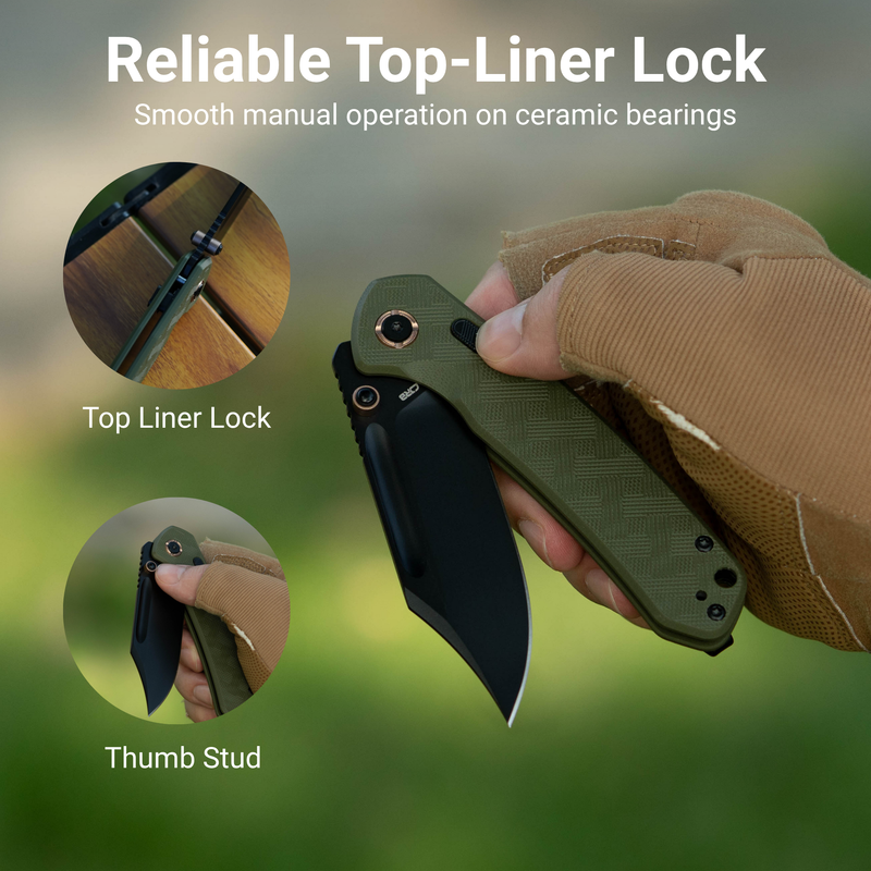 CJRB Bowie Pyrite Thumb Stud & Top Liner Lock Folding Knife Green CNC G10 Textured Handle (3.35'' AR-RPM9 Steel Black PVD Coating Blade) J1942X-BGN