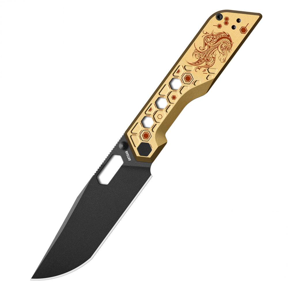 Pre-order | Artisan Cutlery Beest Liner Lock Front Flipper&Thumbs Hole Knife Gold Aluminum Handle (3.65'' Black PVD Coating AR-SFII Blade) 1878P-GL