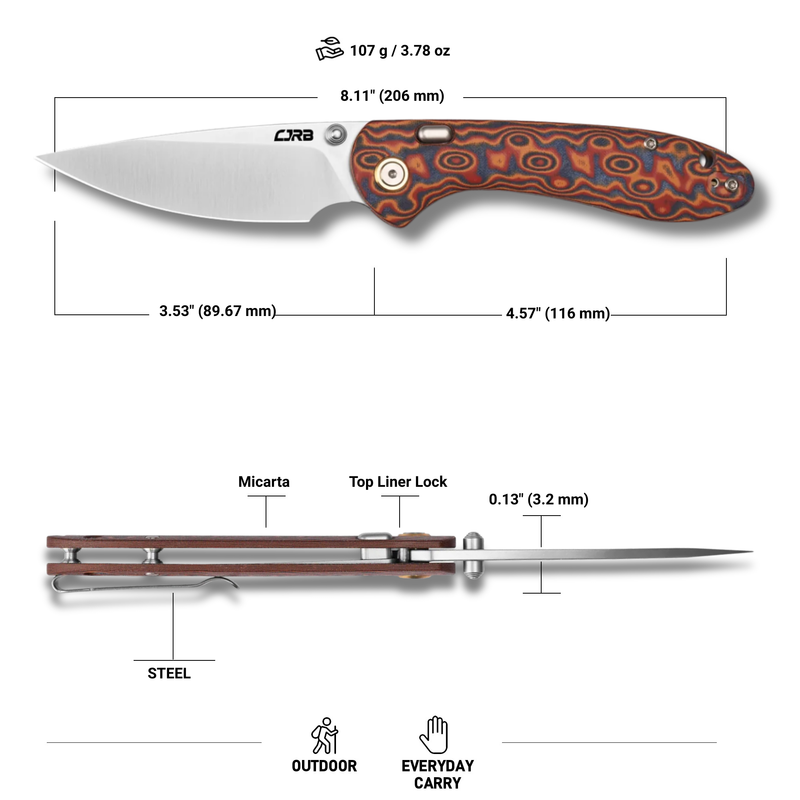 CJRB Feldspar Thumb Stud & Top Liner Lock Folding Knife Red Orange Micarta with Ripple Pattern Handle (3.53'' Sand Polish AR-RPM9 Steel Blade) J1912X-MOE (Exclusive)