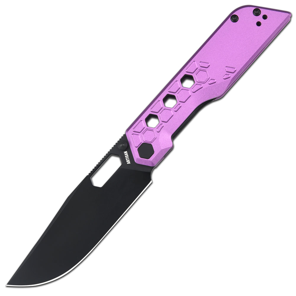 Artisan Cutlery Beest Liner Lock Front Flipper&Thumbs Hole Knife Purple Aluminum Handle (3.65'' Black PVD Coating AR-RPM9 Blade) 1878P-BVT