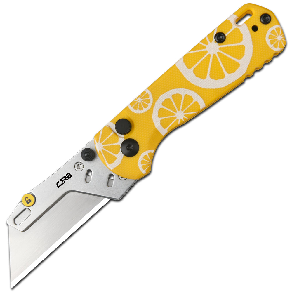CJRB Boxer Button Lock Knife Yellow G10 Handle (2.3'' Stone Wash Steel Blade) J1967-LM, with 10 pcs blades