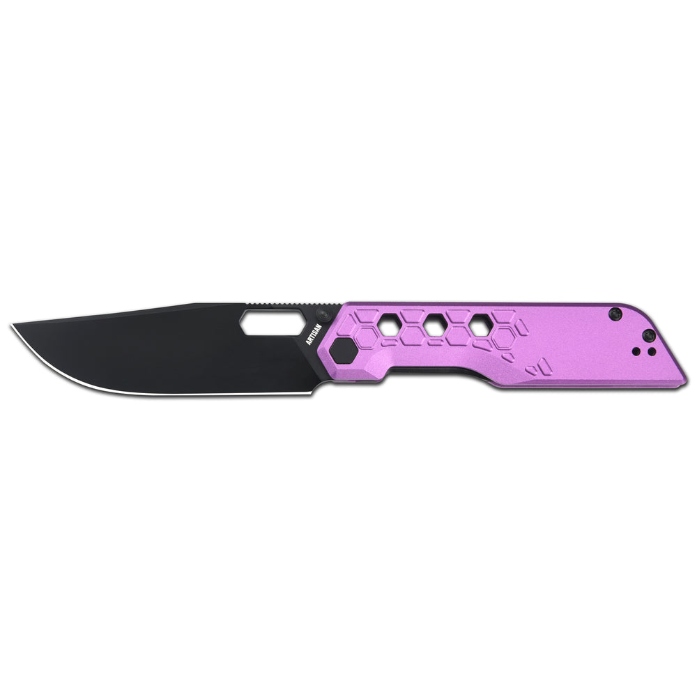 Artisan Cutlery Beest Liner Lock Front Flipper&Thumbs Hole Knife Purple Aluminum Handle (3.65'' Black PVD Coating AR-RPM9 Blade) 1878P-BVT