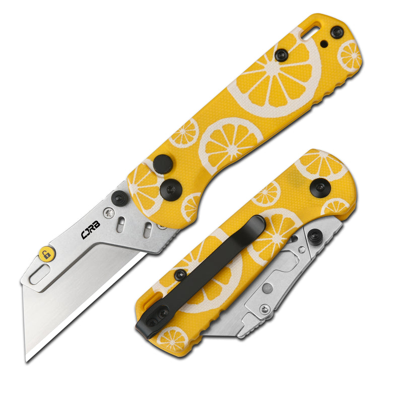 Cjrb Boxer Button Lock Knife Yellow G10 Handle (2.3'' Stone Wash Steel Blade) J1967-lm, With 10 Pcs Blades - cjrb boxer