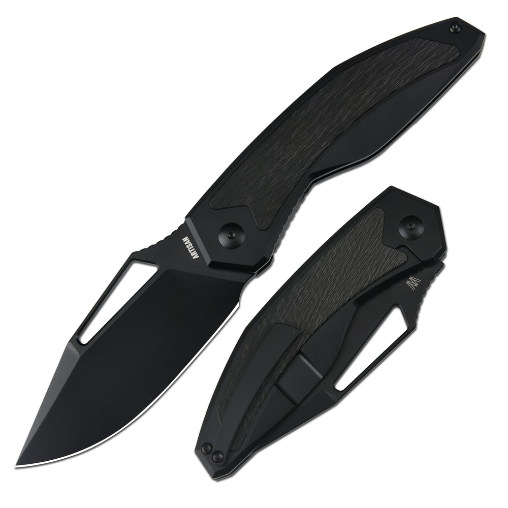 ArtisanCutlery Fragarach Frame Lock Thumbs Hole Knife Frag Black Titanium + Fat Carbon Handle (3.72'' Black PVD Coating S90V Blade) 1879G-BBK