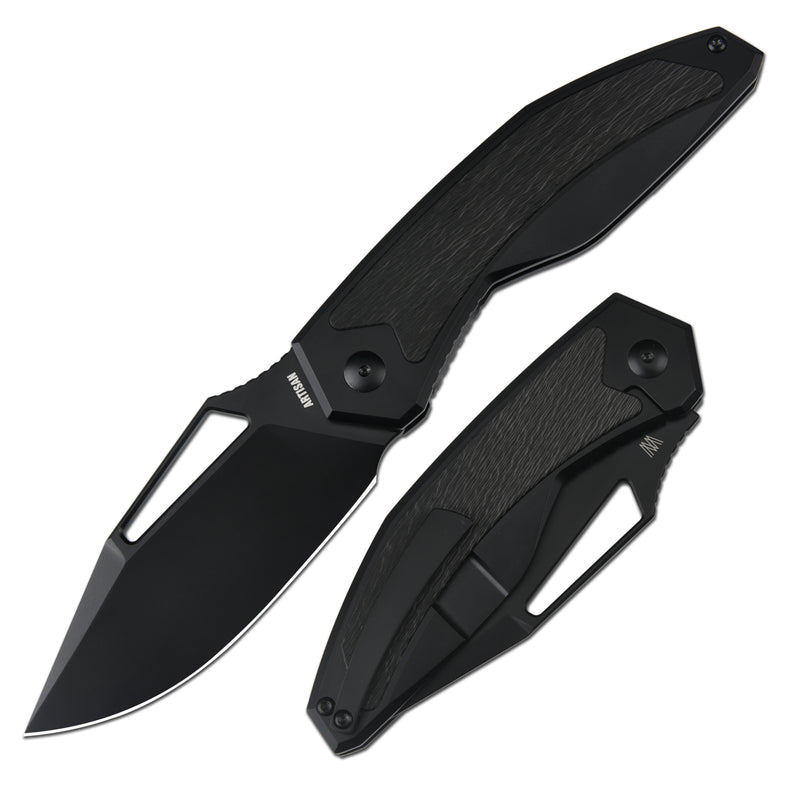 ArtisanCutlery Fragarach Frame Lock Thumbs Hole Knife Frag Black Titanium + Fat Carbon Handle (3.72'' Black PVD Coating S90V Blade) 1879G-BBK
