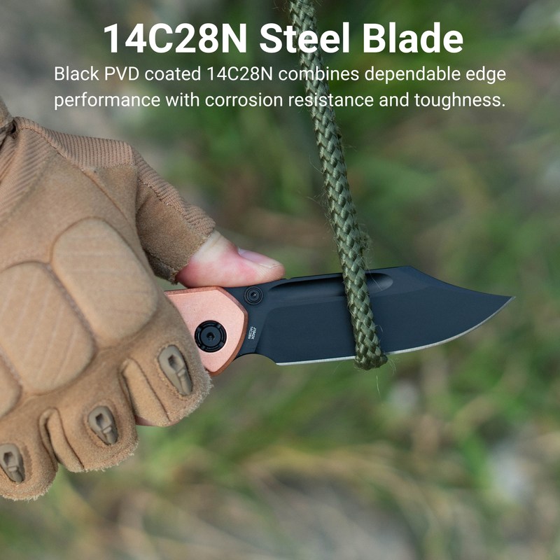 CJRB Bowie Pyrite Thumb Stud & Top Liner Lock Folding Knife Copper Handle (3.35'' 14C28N Steel Black PVD Coating Blade) J1942X-BCO (Exclusive)