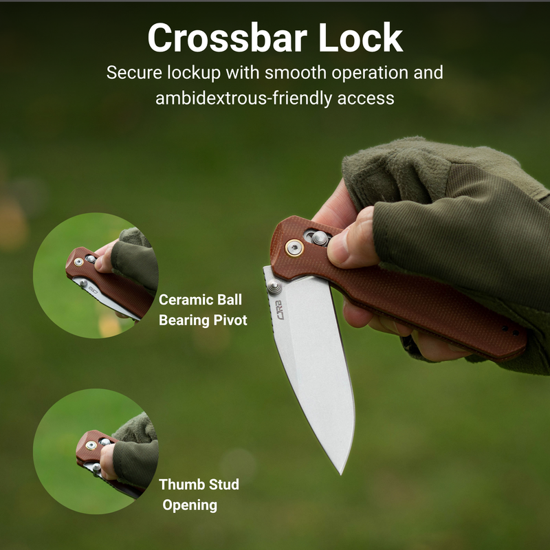 CJRB Mega Maximal Thumb Stud & Crossbar Lock Knife Brown Micarta Handle(3.43'' AR-RPM9 Steel Stone Wash Blade) J1954L-BN