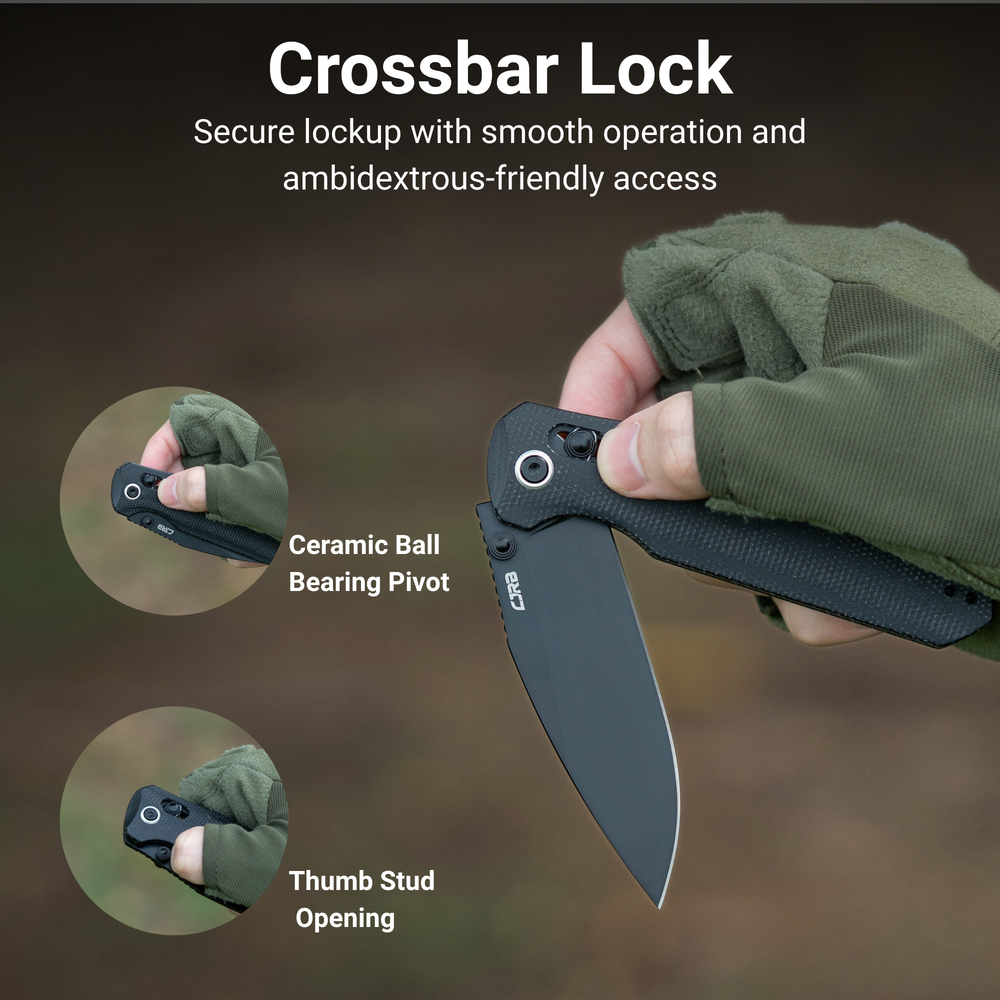 CJRB Mega Maximal Thumb Stud & Crossbar Lock Knife Black Micarta Handle(3.43'' AR-RPM9 Steel Black PVD Coating Blade) J1954L-BBK