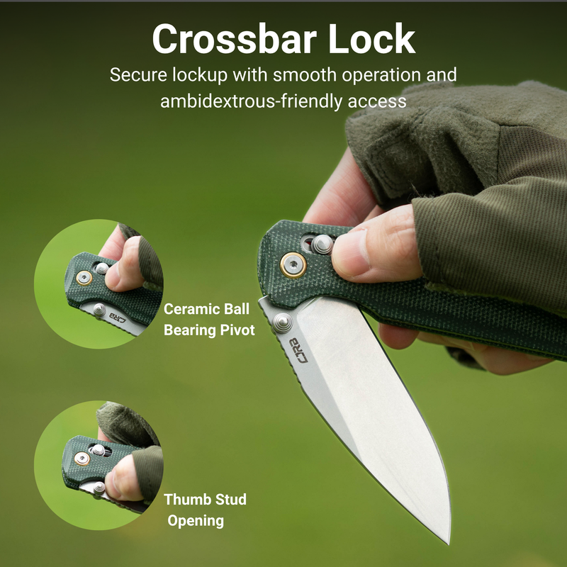 CJRB Mega Maximal Thumb Stud & Crossbar Lock Knife Green Micarta Handle(3.43'' AR-RPM9 Steel Stone Wash Blade) J1954L-MGN