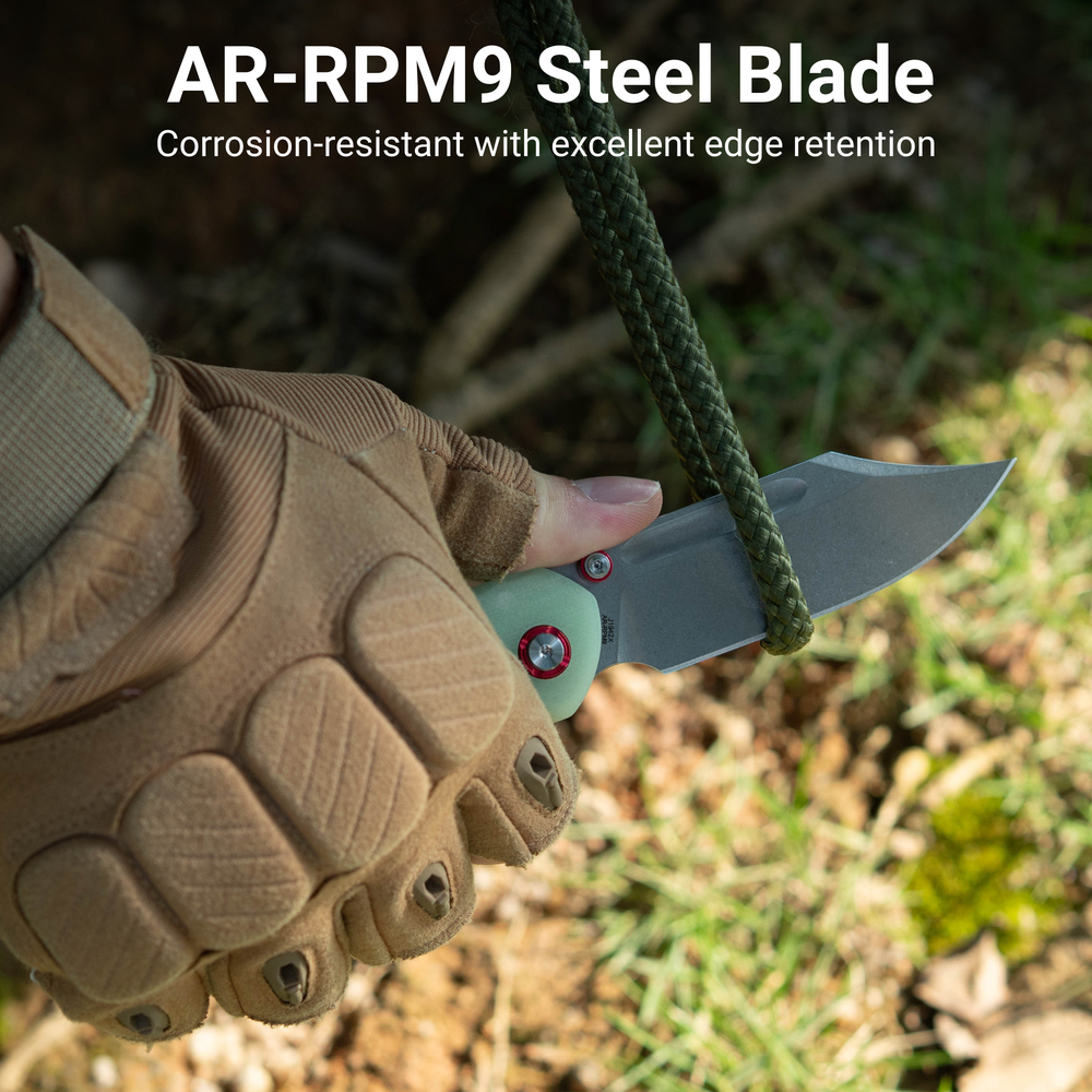 CJRB Bowie Pyrite Thumb Stud & Top Liner Lock Folding Knife G10(Glow In the Dark) Handle (3.35'' AR-RPM9 Steel Stone Wash Blade) J1942X-GD