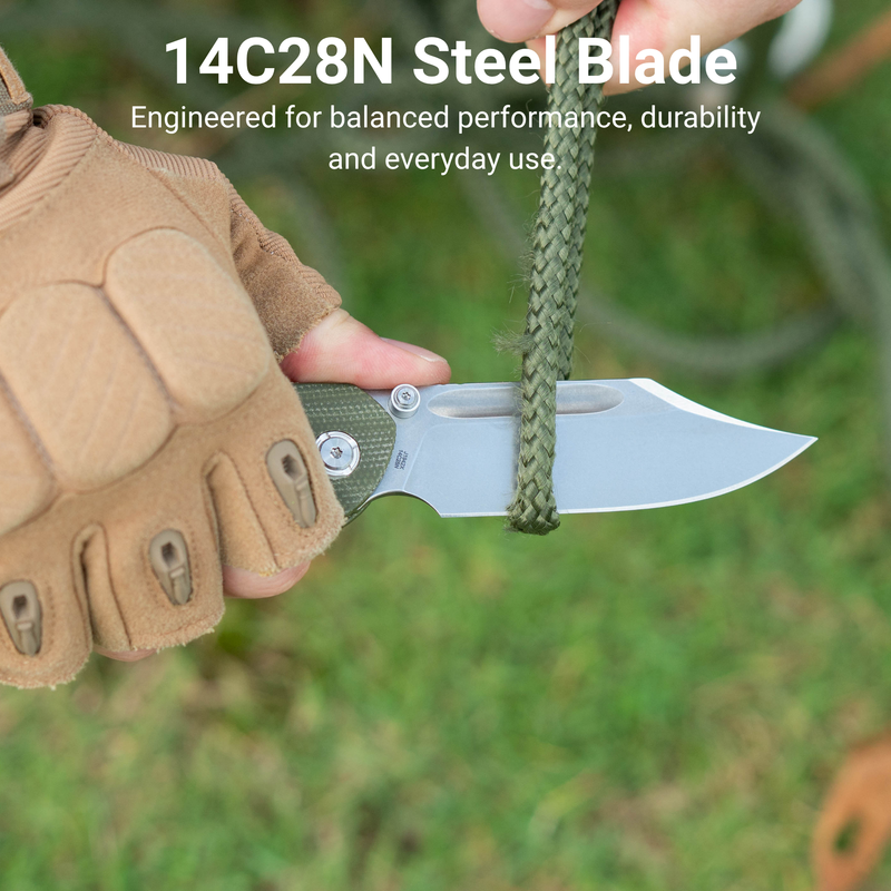 CJRB Bowie Pyrite Thumb Stud & Top Liner Lock Folding Knife Natural Micarta Handle (3.35'' Stone Wash 14C28N Steel Blade) J1942X-NM (Exclusive)
