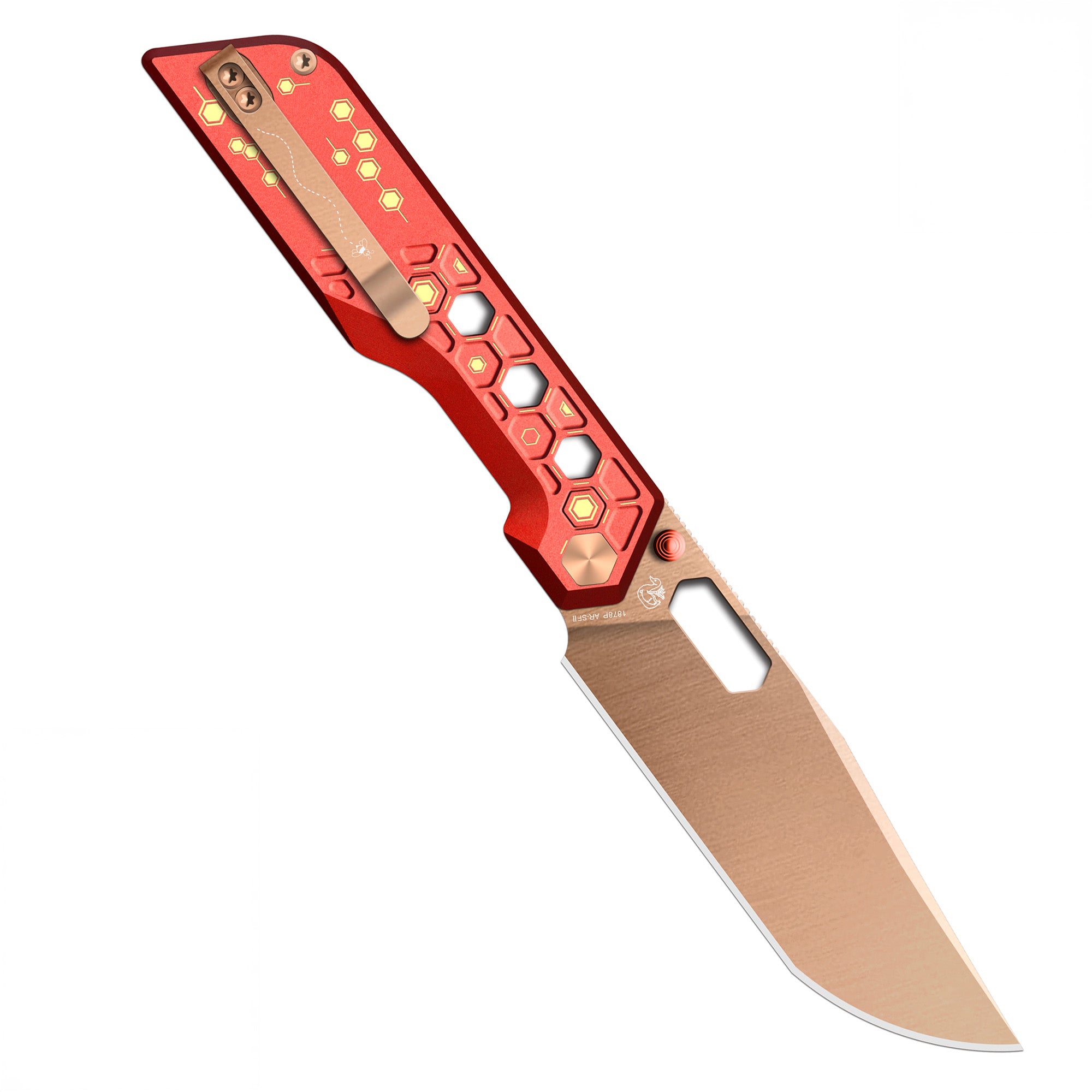 Pre-order | Artisan Cutlery Beest Liner Lock Front Flipper&Thumbs Hole Knife Red Aluminum Handle (3.65'' Rose Gold Coating AR-SFII Blade) 1878P-RE