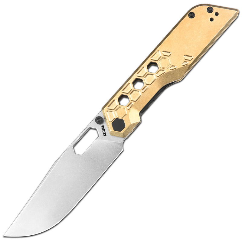 Artisan Cutlery Beest Liner Lock Front Flipper&Thumbs Hole Knife Brass Handle (3.65'' Stone Wash AR-RPM9 Blade) 1878P-BR