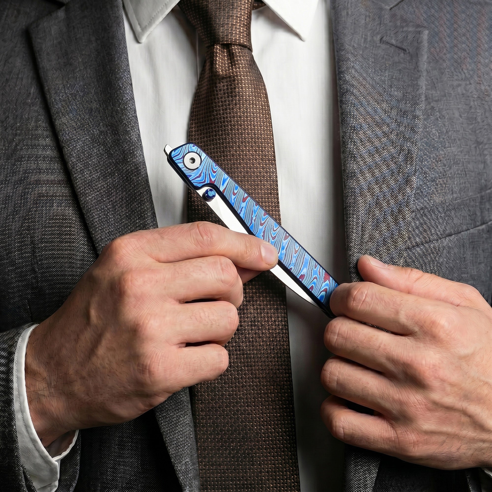 CJRB Lanky Thumb Stud & Front Flipper Liner Lock EDC Knife Titanium Damascus Handle Steel Clip(3.58'' CPM S90V Mirror Polish Blade) J1965G-TDB