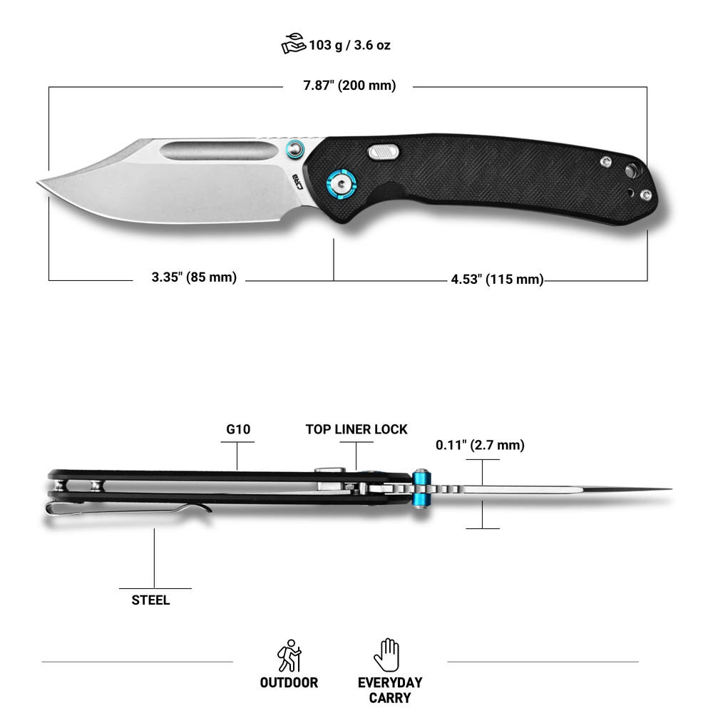 CJRB Bowie Pyrite Thumb Stud & Top Liner Lock Folding Knife Black CNC G10 Textured Handle (3.35'' AR-RPM9 Steel Stone Wash Blade) J1942X-BK
