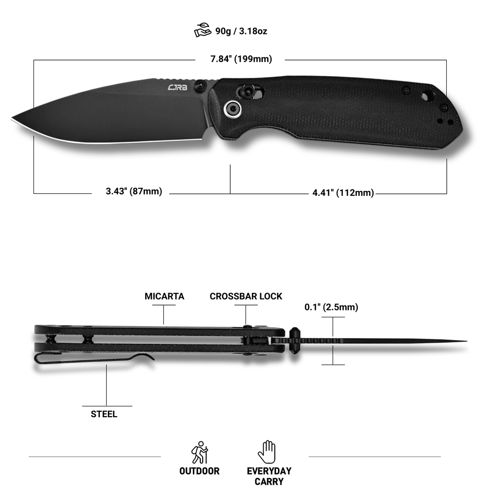 CJRB Mega Maximal Thumb Stud & Crossbar Lock Knife Black Micarta Handle(3.43'' AR-RPM9 Steel Black PVD Coating Blade) J1954L-BBK