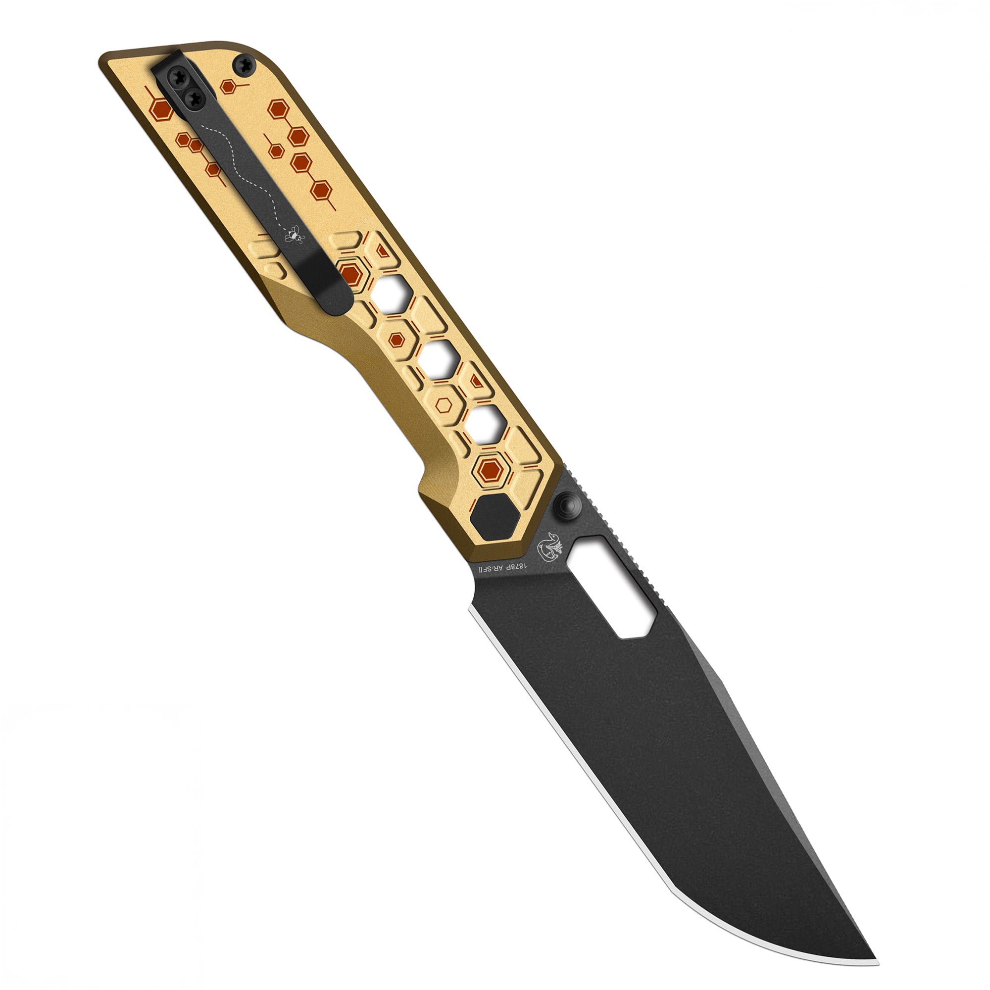 Pre-order | Artisan Cutlery Beest Liner Lock Front Flipper&Thumbs Hole Knife Gold Aluminum Handle (3.65'' Black PVD Coating AR-SFII Blade) 1878P-GL