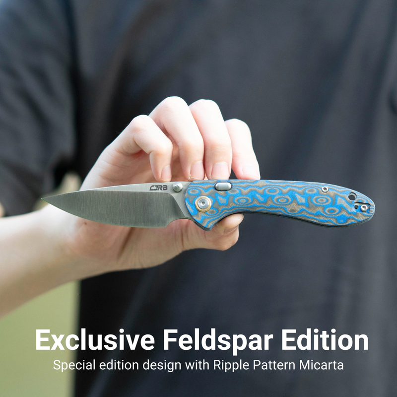 CJRB Feldspar Thumb Stud & Top Liner Lock Folding Knife Blue Brown Micarta with Ripple Pattern Handle (3.53'' Sand Polish AR-RPM9 Steel Blade) J1912X-MBU (Exclusive)