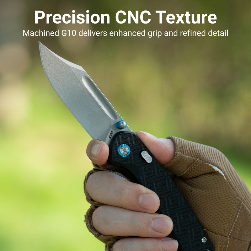 CJRB Bowie Pyrite Thumb Stud & Top Liner Lock Folding Knife Black CNC G10 Textured Handle (3.35'' AR-RPM9 Steel Stone Wash Blade) J1942X-BK