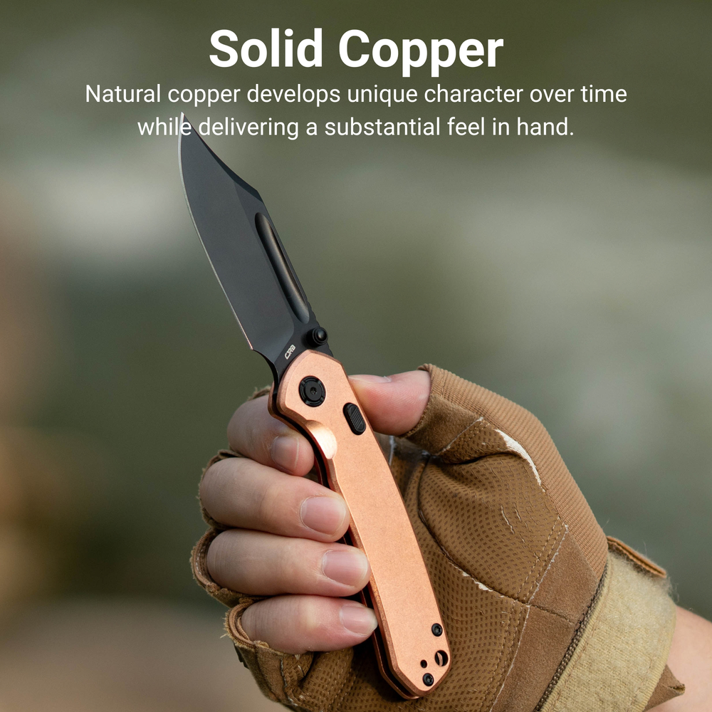 CJRB Bowie Pyrite Thumb Stud & Top Liner Lock Folding Knife Copper Handle (3.35'' 14C28N Steel Black PVD Coating Blade) J1942X-BCO (Exclusive)