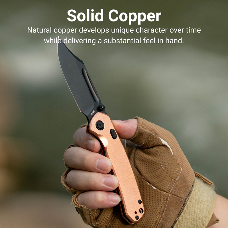 CJRB Bowie Pyrite Thumb Stud & Top Liner Lock Folding Knife Copper Handle (3.35'' 14C28N Steel Black PVD Coating Blade) J1942X-BCO (Exclusive)