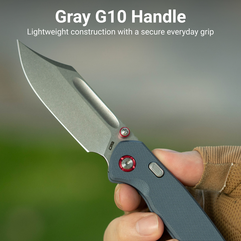 CJRB Bowie Pyrite Thumb Stud & Top Liner Lock Folding Knife Gray G10 Handle (3.35'' AR-RPM9 Steel Stone Wash Blade) J1942X-BU