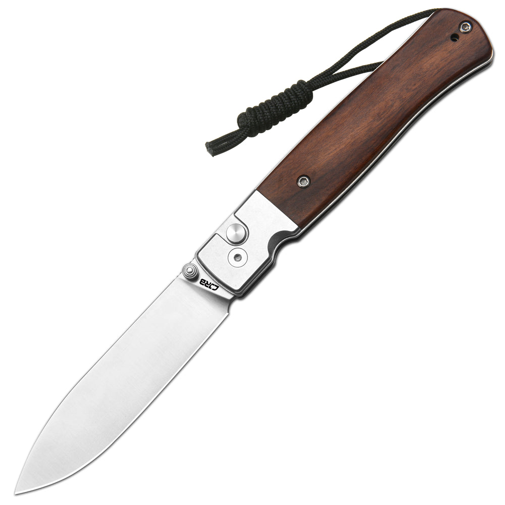 CJRB Glacier Button Lock Knife Smooth Steel + Wood Handle (3.54'' Sand polish AR-RPM9 Blade) J1961-WD