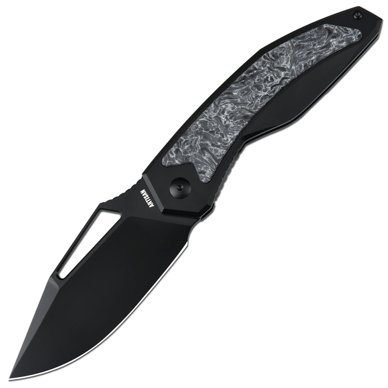 ArtisanCutlery Fragarach Frame Lock Thumb Hole Knife Frag Black Titanium + Fat Carbon Handle (3.72'' Black PVD Coating S90V Blade) 1879G-BDM