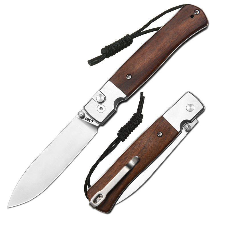 CJRB Glacier Button Lock Knife Smooth Steel + Wood Handle (3.54'' Sand polish AR-RPM9 Blade) J1961-WD