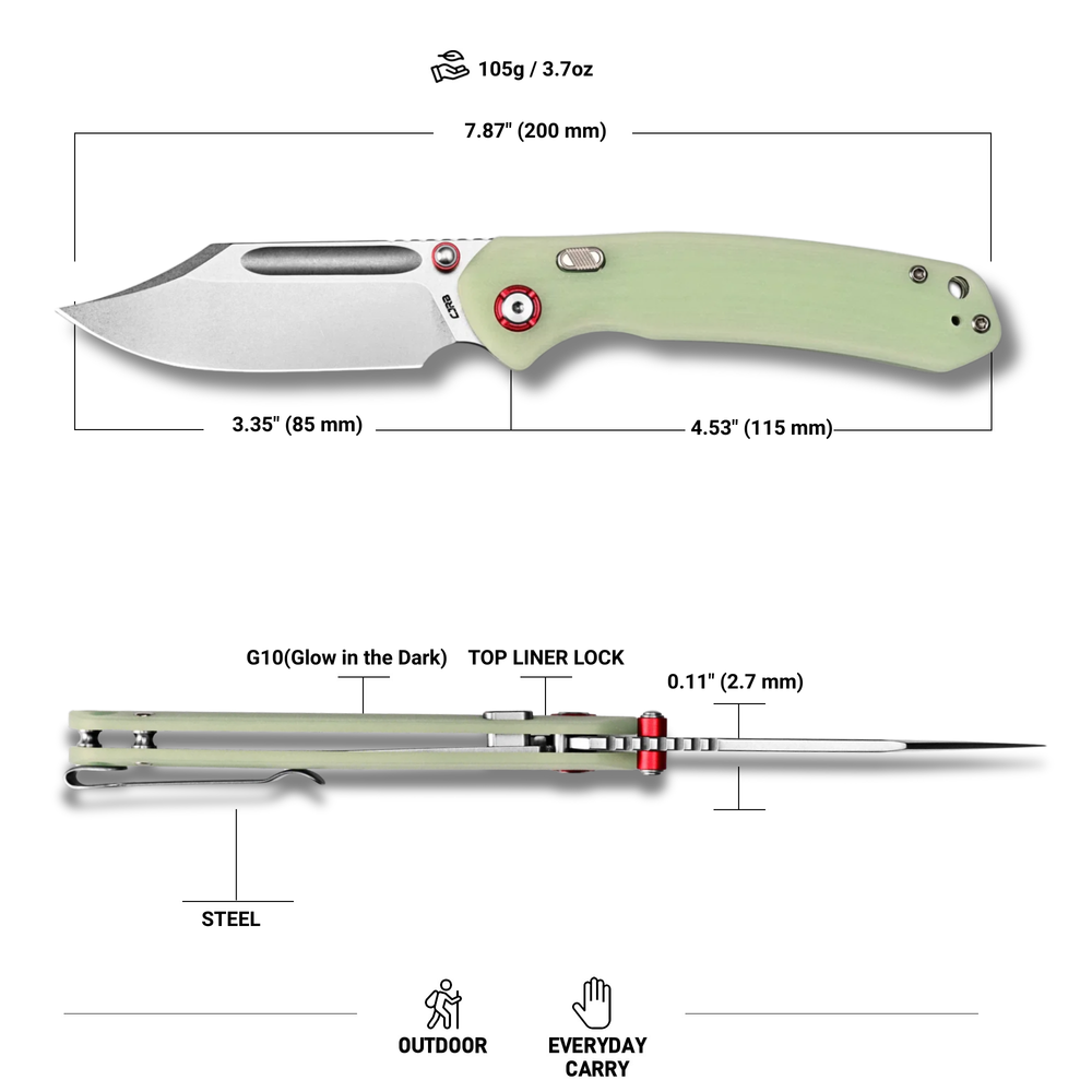 CJRB Bowie Pyrite Thumb Stud & Top Liner Lock Folding Knife G10(Glow In the Dark) Handle (3.35'' AR-RPM9 Steel Stone Wash Blade) J1942X-GD