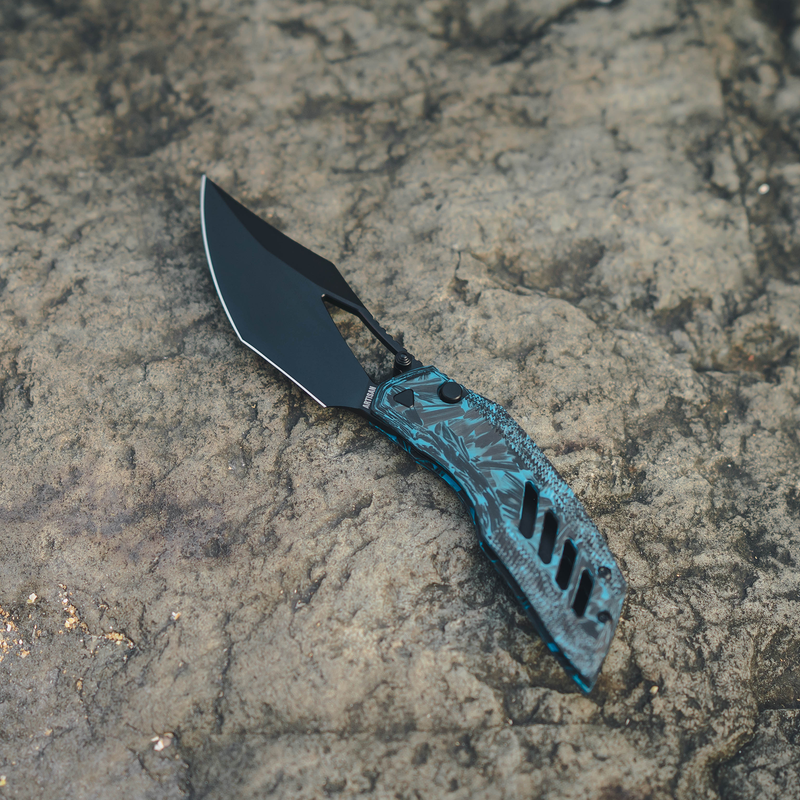 ArtisanCutlery Dark Wing Thumb Hole & Front Flipper Top Liner Lock EDC Knife Carbon Fiber(Glow in the dark) Handle(3.63'' CPM S90V Black PVD Coating Blade ) 1887G-GDBU