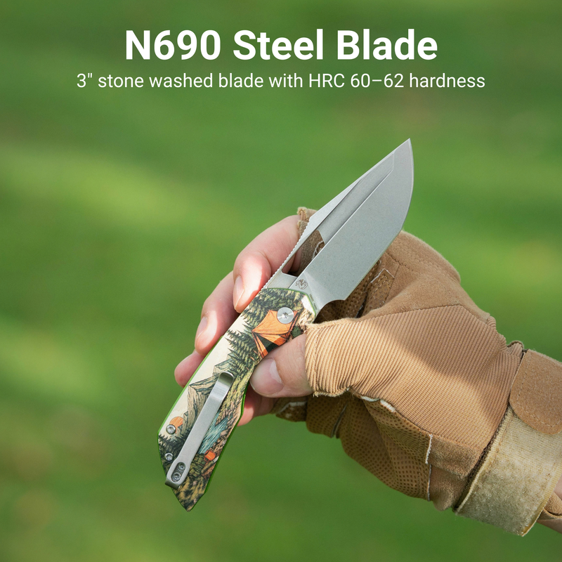 ArtisanCutlery Mousebird Thumb Hole Top Liner Lock EDC Knife 7075-T6 Aluminum Handle Titanium Clip(3'' N690 Stone Wash Blade ) 1889G-SAL