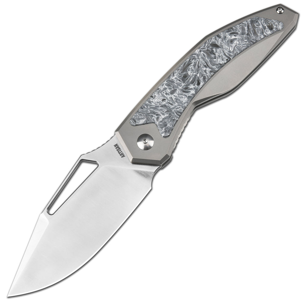 ArtisanCutlery Fragarach Frame Lock Thumb Hole Knife Titanium + Fat Carbon Handle (3.72'' Sand Polish S90V Blade) 1879G-DM