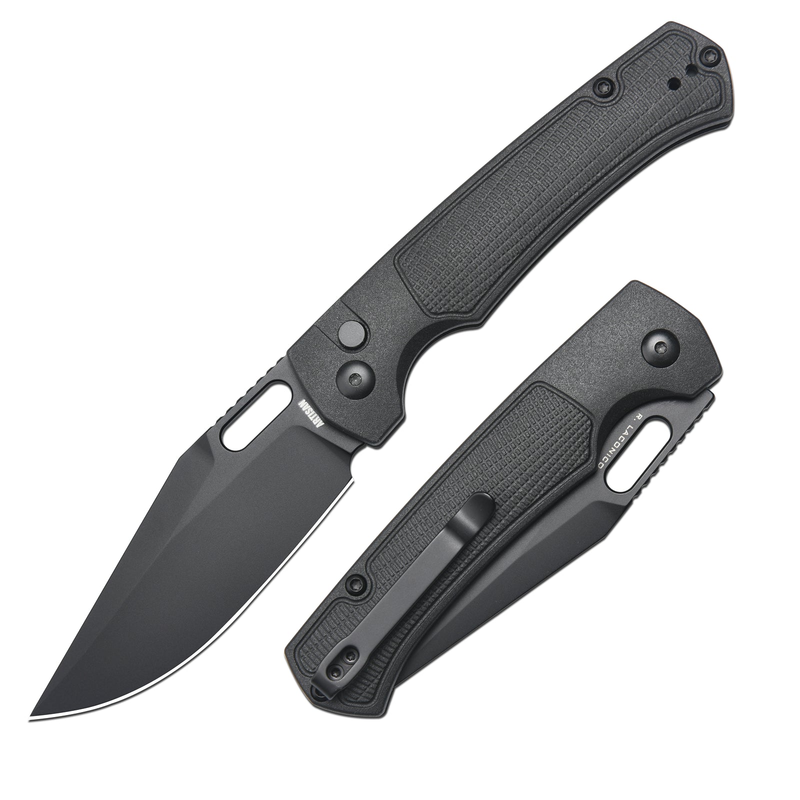 ARTISAN CUTLERY REVEL Button Lock Knife Black FRN Handle (3.54'' Black PVD Coating AR-RPM9 Blade) 1867P-BBK