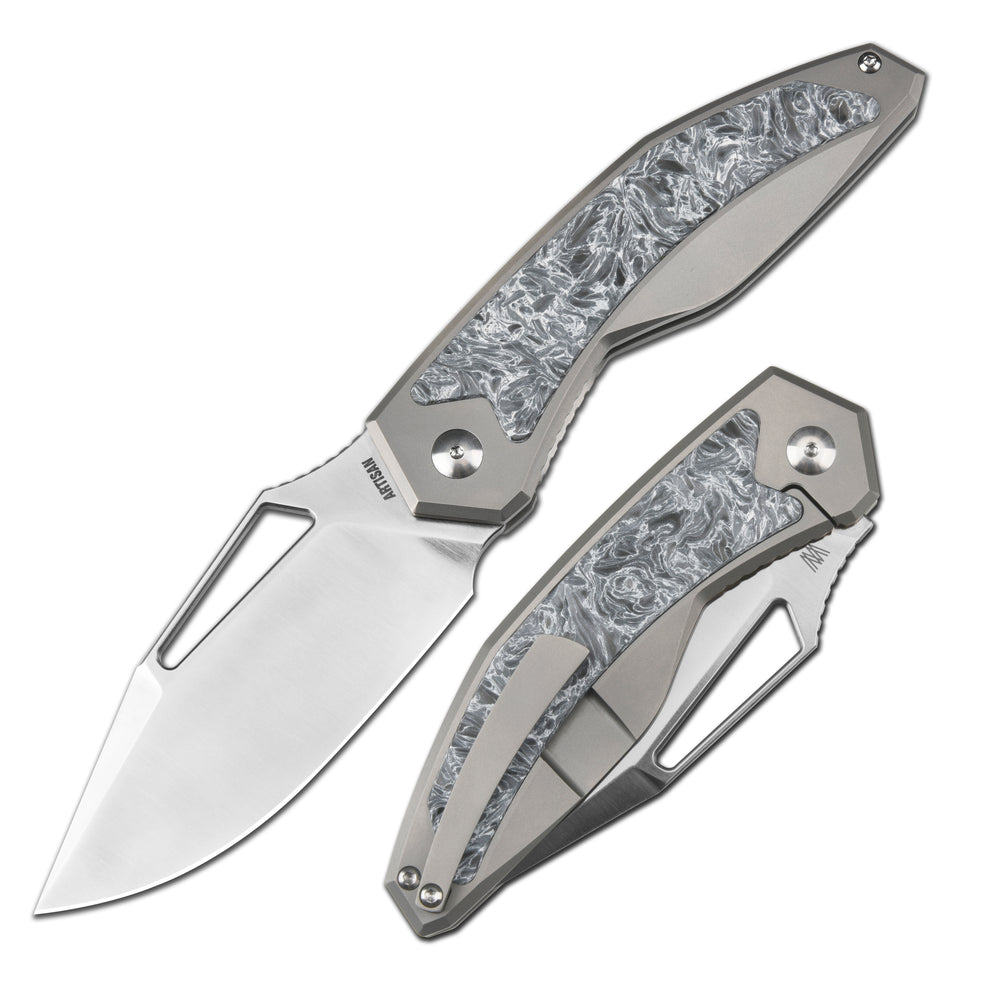 ArtisanCutlery Fragarach Frame Lock Thumb Hole Knife Titanium + Fat Carbon Handle (3.72'' Sand Polish S90V Blade) 1879G-DM