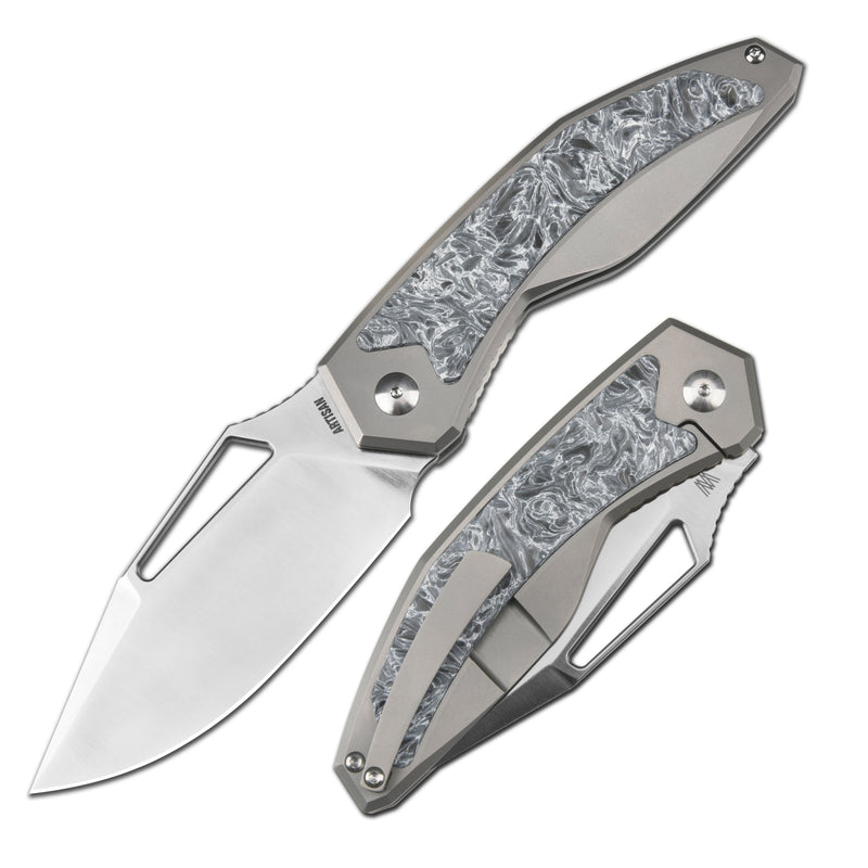 ArtisanCutlery Fragarach Frame Lock Thumb Hole Knife Titanium + Fat Carbon Handle (3.72'' Sand Polish S90V Blade) 1879G-DM
