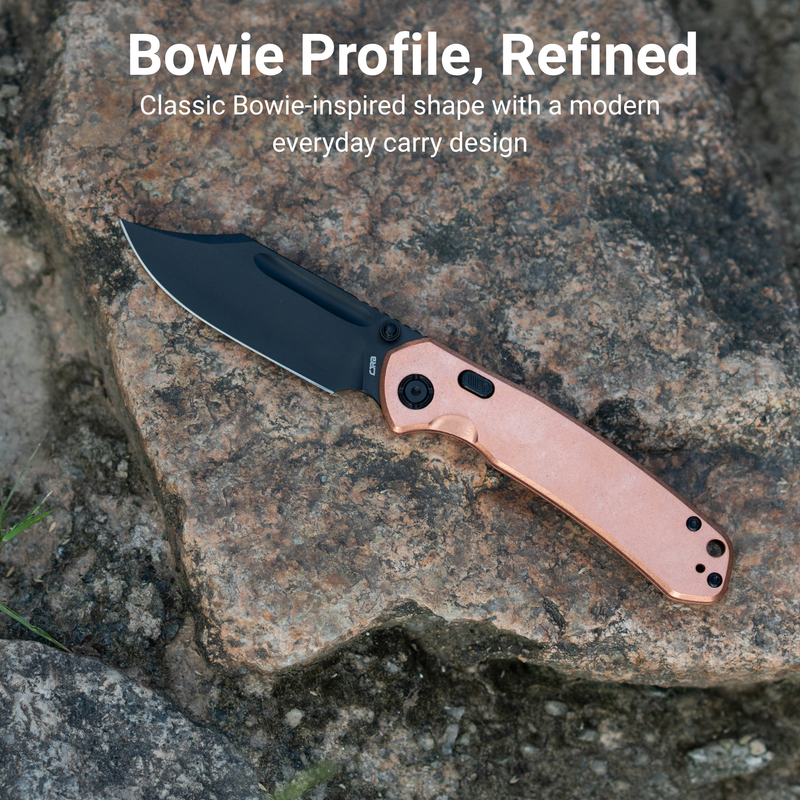 CJRB Bowie Pyrite Thumb Stud & Top Liner Lock Folding Knife Copper Handle (3.35'' 14C28N Steel Black PVD Coating Blade) J1942X-BCO (Exclusive)