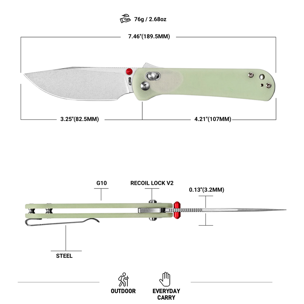 CJRB Bolt Recoil Lock V2 & Thumb Stud G10(Glow In the Dark) Handle (3.25'' Stone Wash AR-RPM9 Blade) J1960-GD