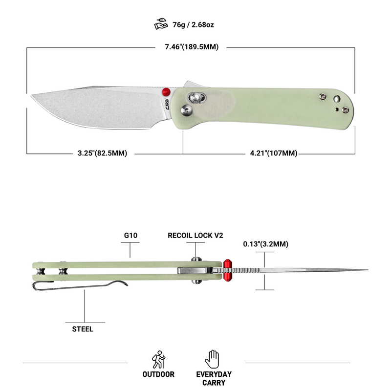 CJRB Bolt Recoil Lock V2 & Thumb Stud G10(Glow In the Dark) Handle (3.25'' Stone Wash AR-RPM9 Blade) J1960-GD