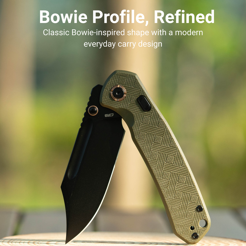 CJRB Bowie Pyrite Thumb Stud & Top Liner Lock Folding Knife Green CNC G10 Textured Handle (3.35'' AR-RPM9 Steel Black PVD Coating Blade) J1942X-BGN