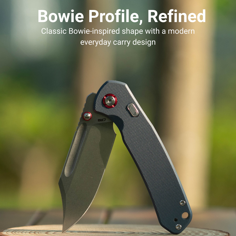 CJRB Bowie Pyrite Thumb Stud & Top Liner Lock Folding Knife Gray G10 Handle (3.35'' AR-RPM9 Steel Stone Wash Blade) J1942X-BU
