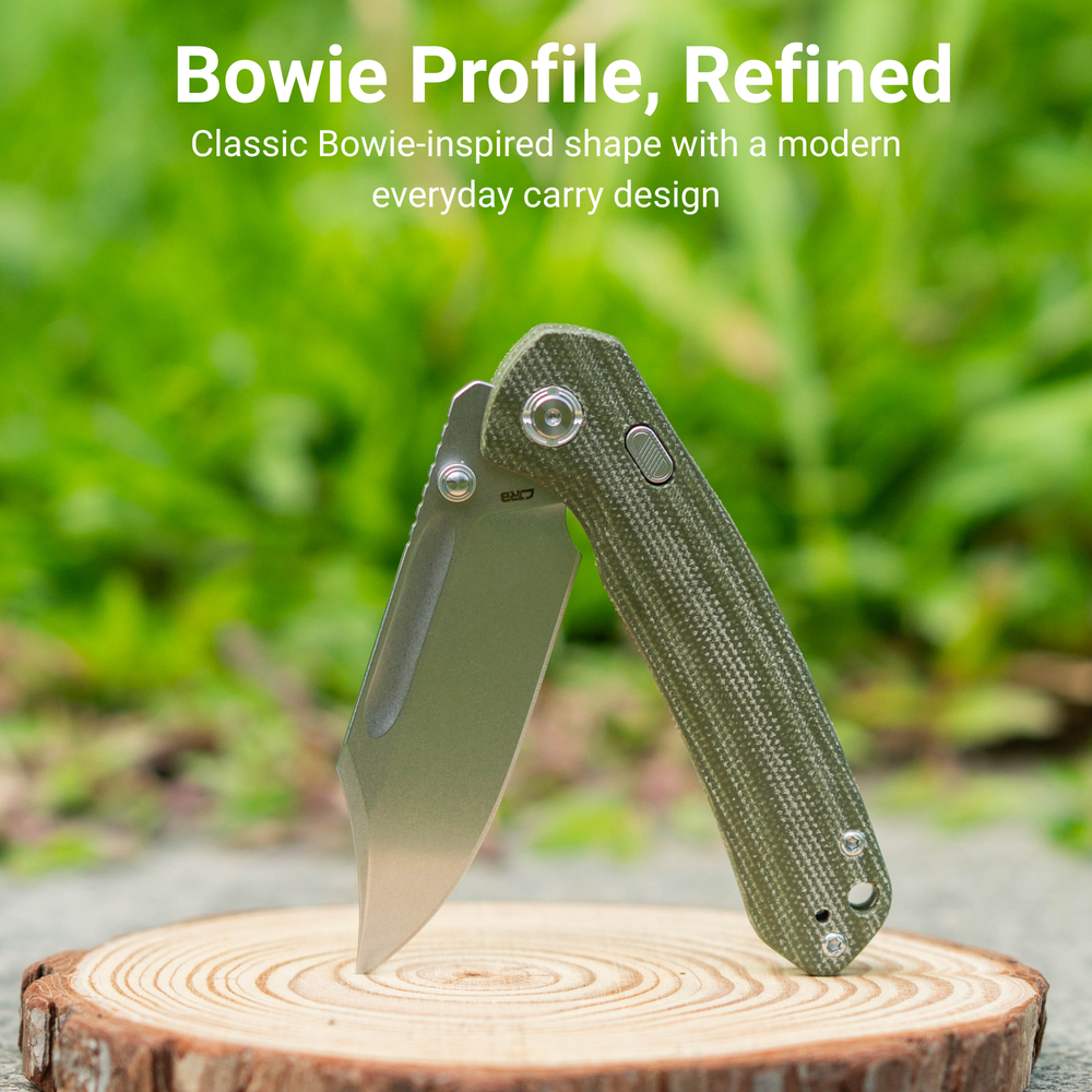 CJRB Bowie Pyrite Thumb Stud & Top Liner Lock Folding Knife Natural Micarta Handle (3.35'' Stone Wash 14C28N Steel Blade) J1942X-NM (Exclusive)