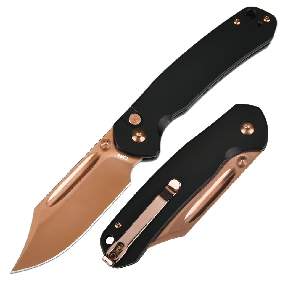 CJRB Bowie Pyrite J1942 AR-RPM9 Steel Blade Rose Gold Steel Handle Folding Knives