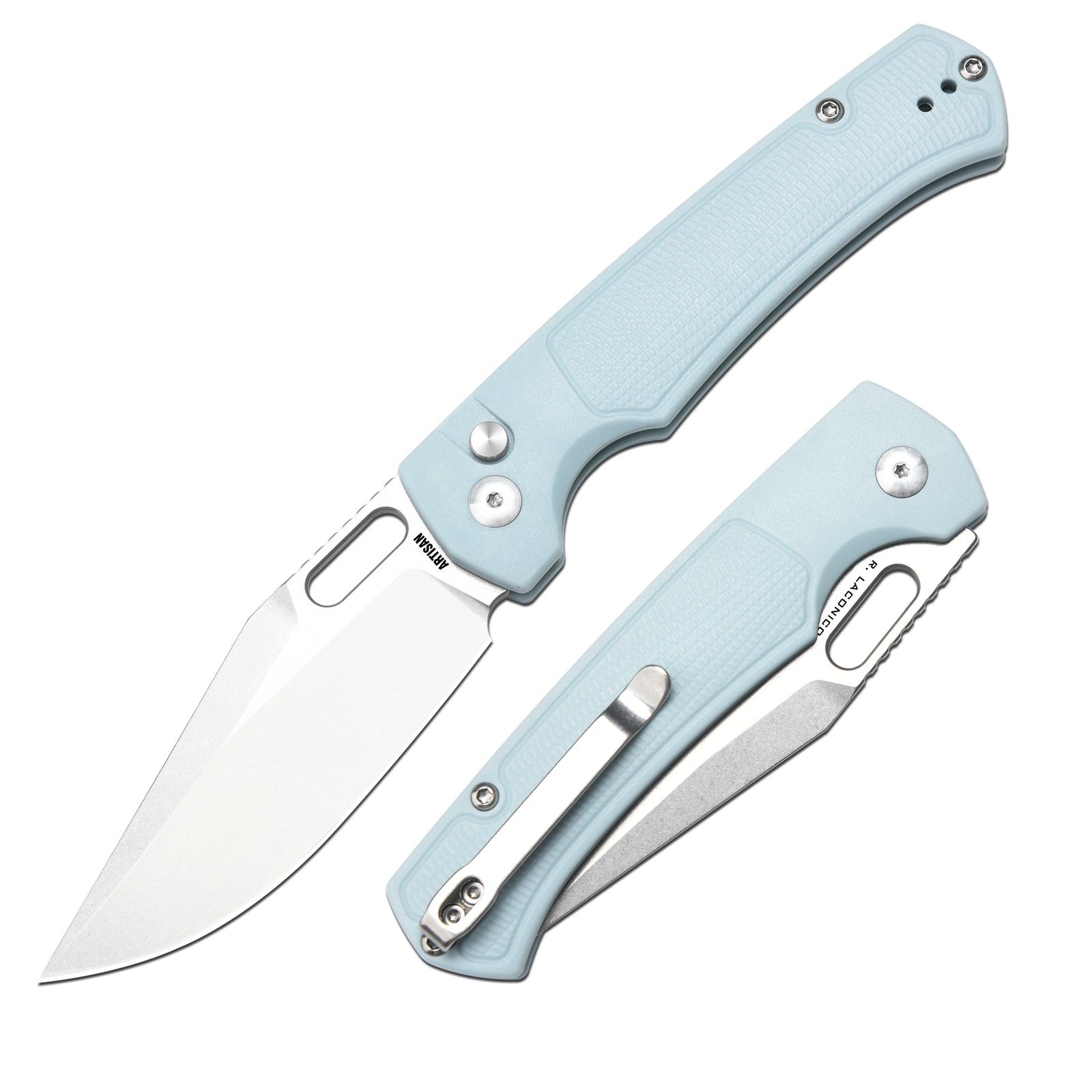 ARTISAN CUTLERY REVEL Button Lock Knife Mint Green FRN Handle (3.54'' Stone wash AR-RPM9 Blade) 1867P-MG