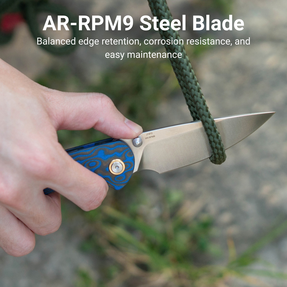CJRB Feldspar Thumb Stud & Top Liner Lock Folding Knife Blue Brown Micarta with Ripple Pattern Handle (3.53'' Sand Polish AR-RPM9 Steel Blade) J1912X-MBU (Exclusive)